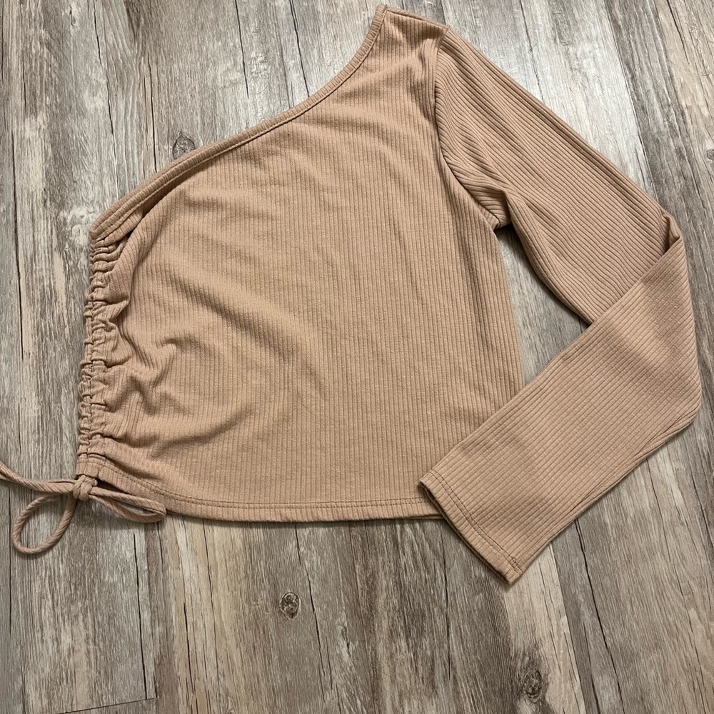 Caution To The Wind Beige Ribbed One-Shoulder Top